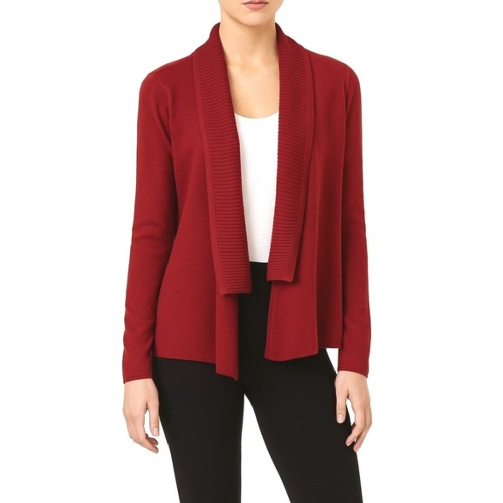 LOFT Red Ribbed Cardigan Sweater Open‎ Front Duster M Holiday Grannycore 59-09